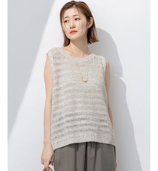 23区「【洗える】テープミックススカシ ノースリーブ ニット」|ニット・セーター|ベージュ系