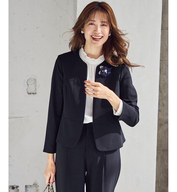 ANY SIS「【洗える】セレモニーダブルクロス クルーカラー ジャケット」|ノーカラージャケット|ネイビー