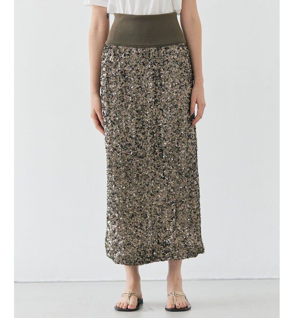 BEIGE,「【洗える】ALYSSUME / スパンコールストレッチニットスカート」|スカート|Khaki