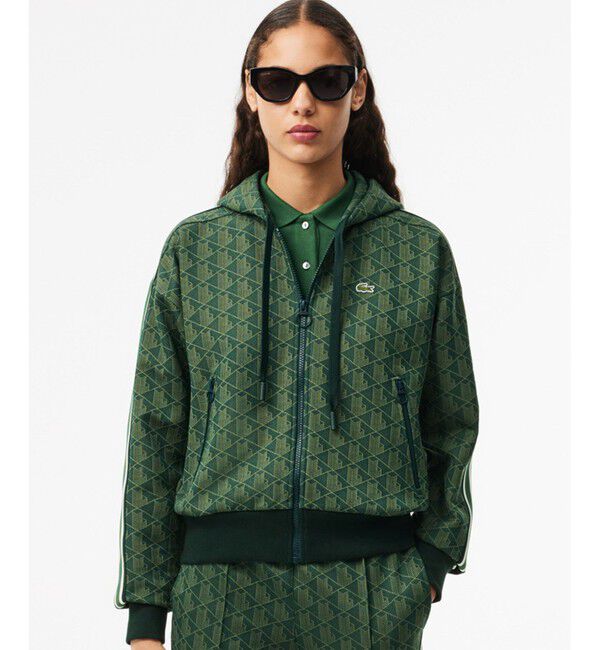 LACOSTE「モノグラムジャカードジップアップフーディー / トラックジャケット」|パーカー|モスグリーン