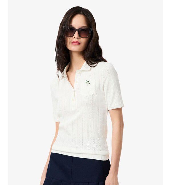 LACOSTE「レース調 リボン付き ポインテルニット 半袖ポロシャツ」|ポロシャツ|ホワイト