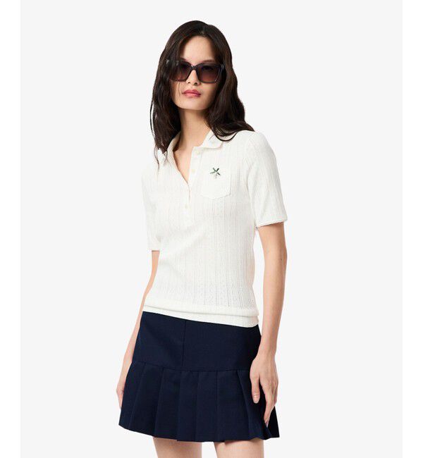 LACOSTE「レース調 リボン付き ポインテルニット 半袖ポロシャツ」|ポロシャツ|