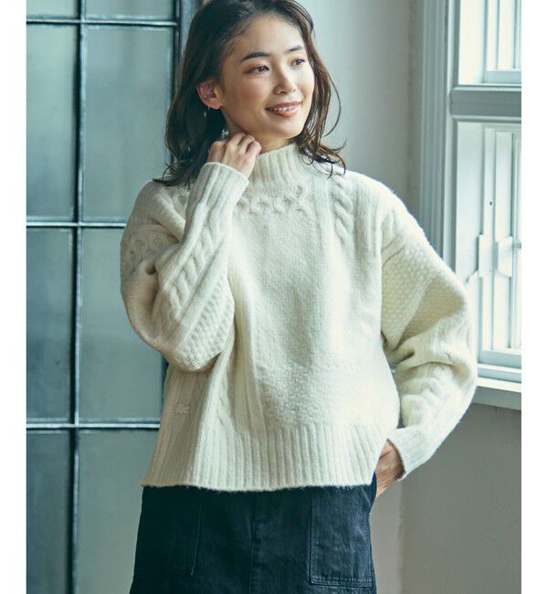 LACOSTE「パッチワークエフェクト ウールニットハイネックセーター」|ニット・セーター|オフホワイト