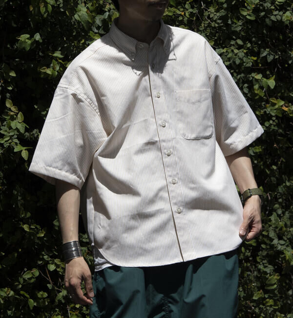 GLOSTER「【GLOSTER/グロスター】オーバーサイズ オックスボタンダウン ストライプシャツ 半袖」|シャツ・ブラウス|イエロー系その他