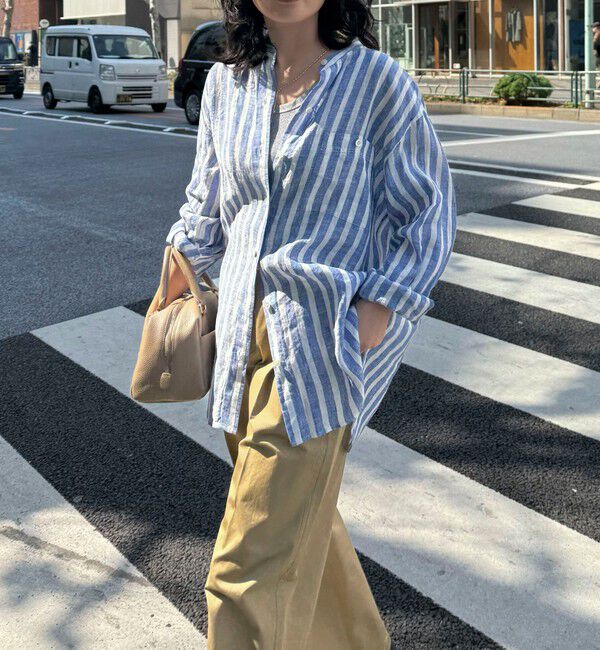 fredy emue「LINEN100バンドカラーシャツ」|シャツ・ブラウス|ブルー系その他