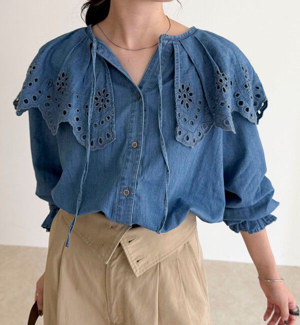 fredy emue「エンブロイダリーケープカラーデニムブラウス」|シャツ・ブラウス|ブルー