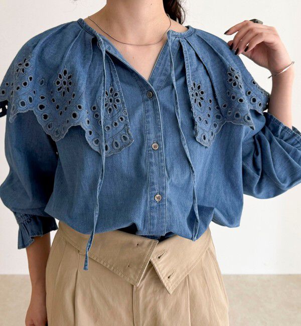 fredy emue「エンブロイダリーケープカラーデニムブラウス」|シャツ・ブラウス|
