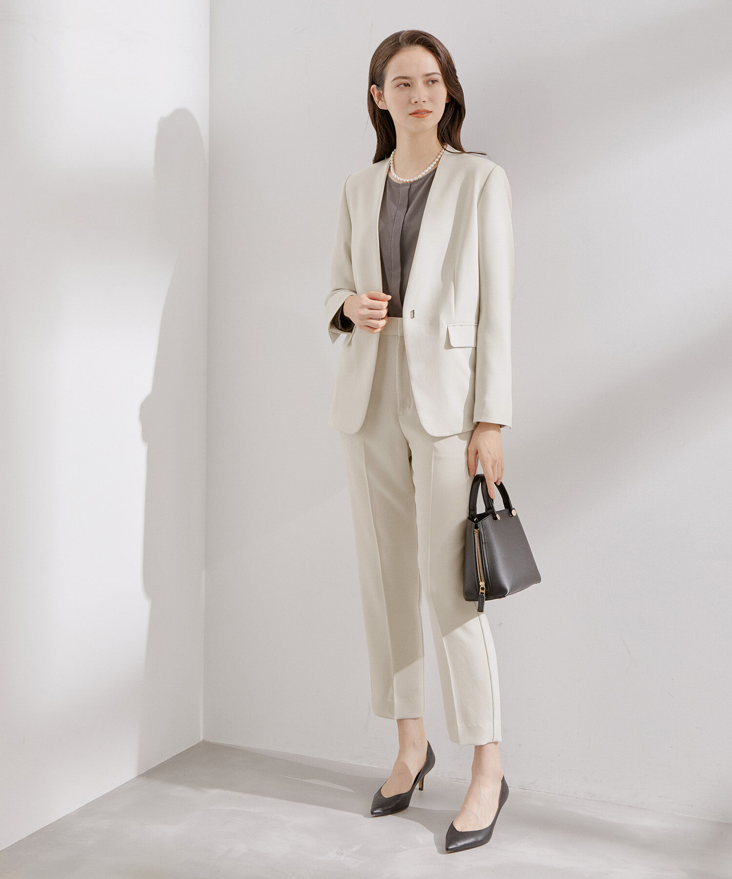 ROPE「【洗える】アセテートダブルクロス ノーカラージャケット/セレモニー・セットアップ対応」|ノーカラージャケット|