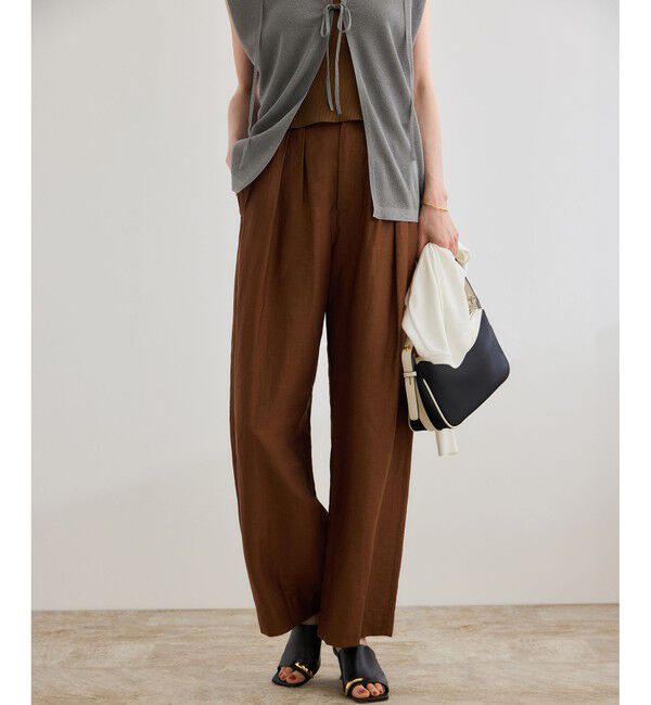 ROPE「【洗える】ビスコースリネン スラブスリータックパンツ/一部セットアップ可能」|チノ|ブラウン系(22)