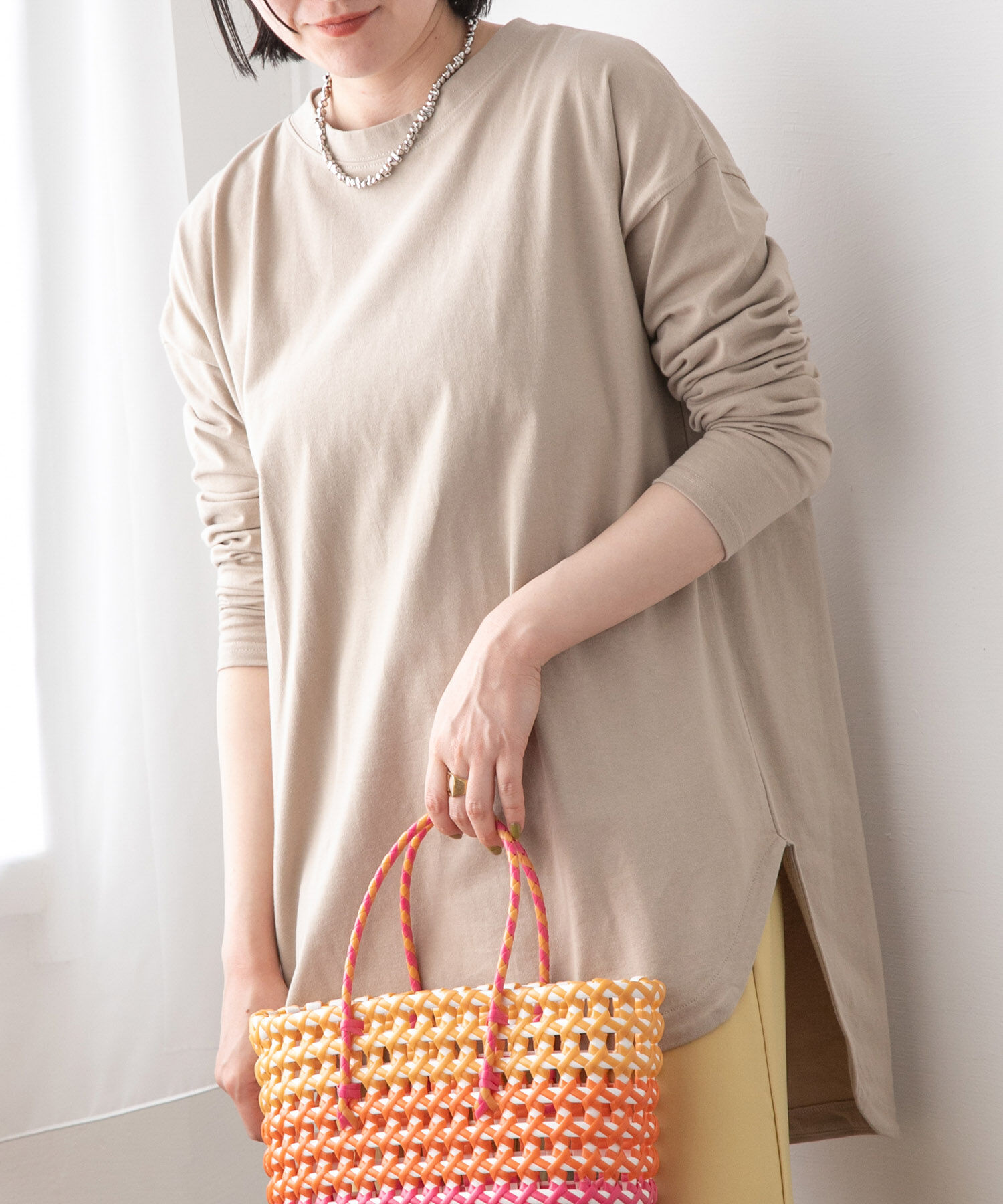 VIS「シルエットスッキリUSAコットンロングTシャツ」|Tシャツ・カットソー|オリーブ(37)