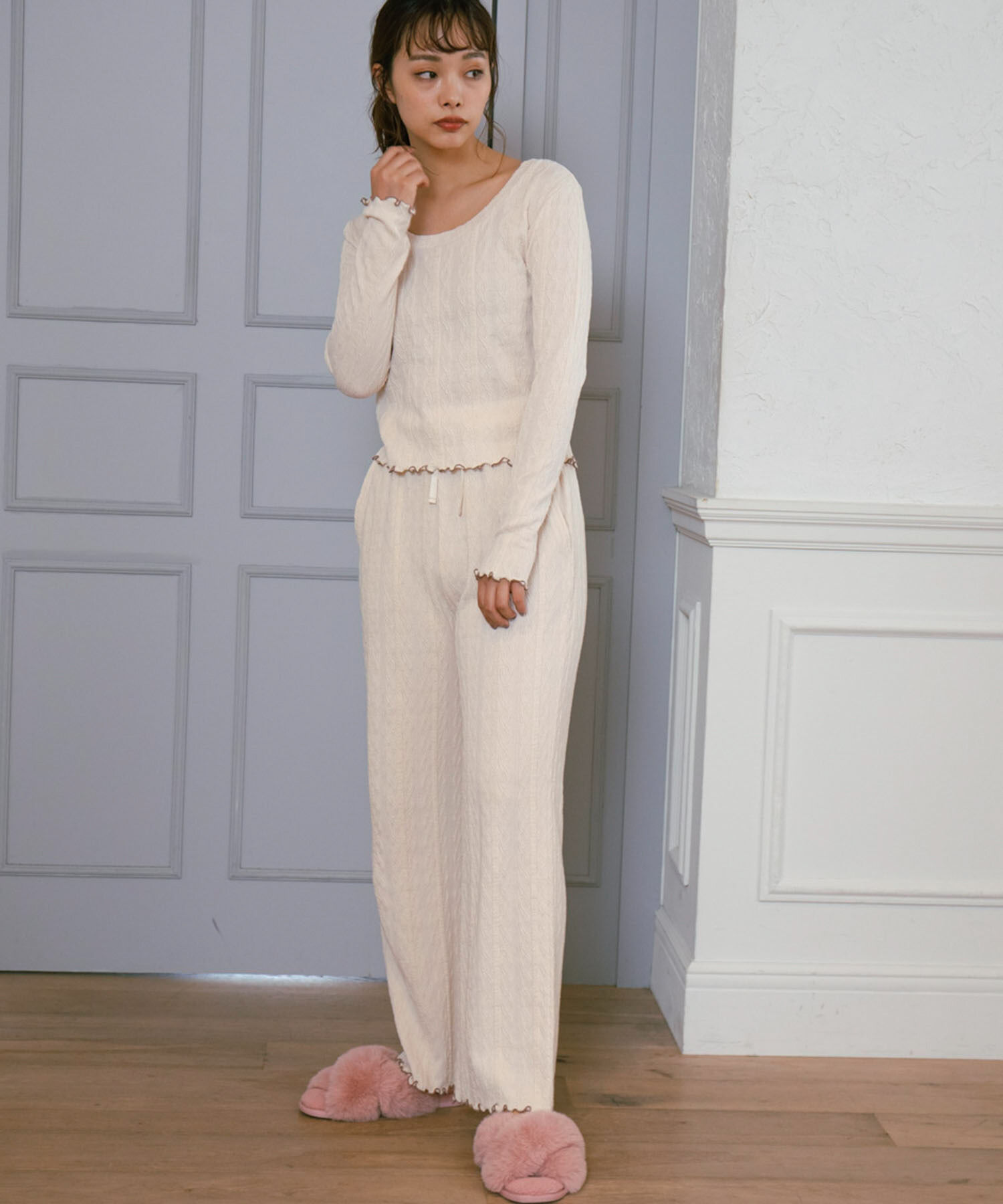 VIS「【ViSage】カットジャガードハイウエストイージーパンツ【セットアップ対応】」|ルームウェア|