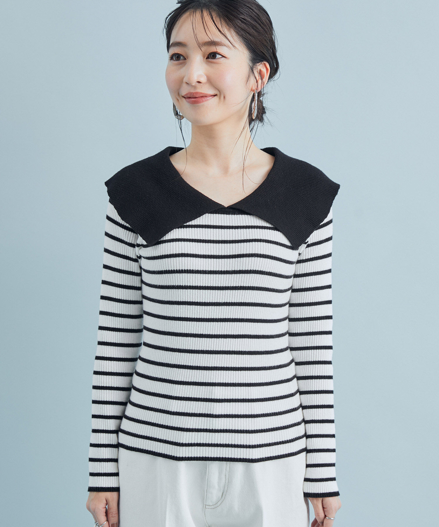 VIS「ボーダー＆無地ビッグカラーニット」|ニット・セーター|