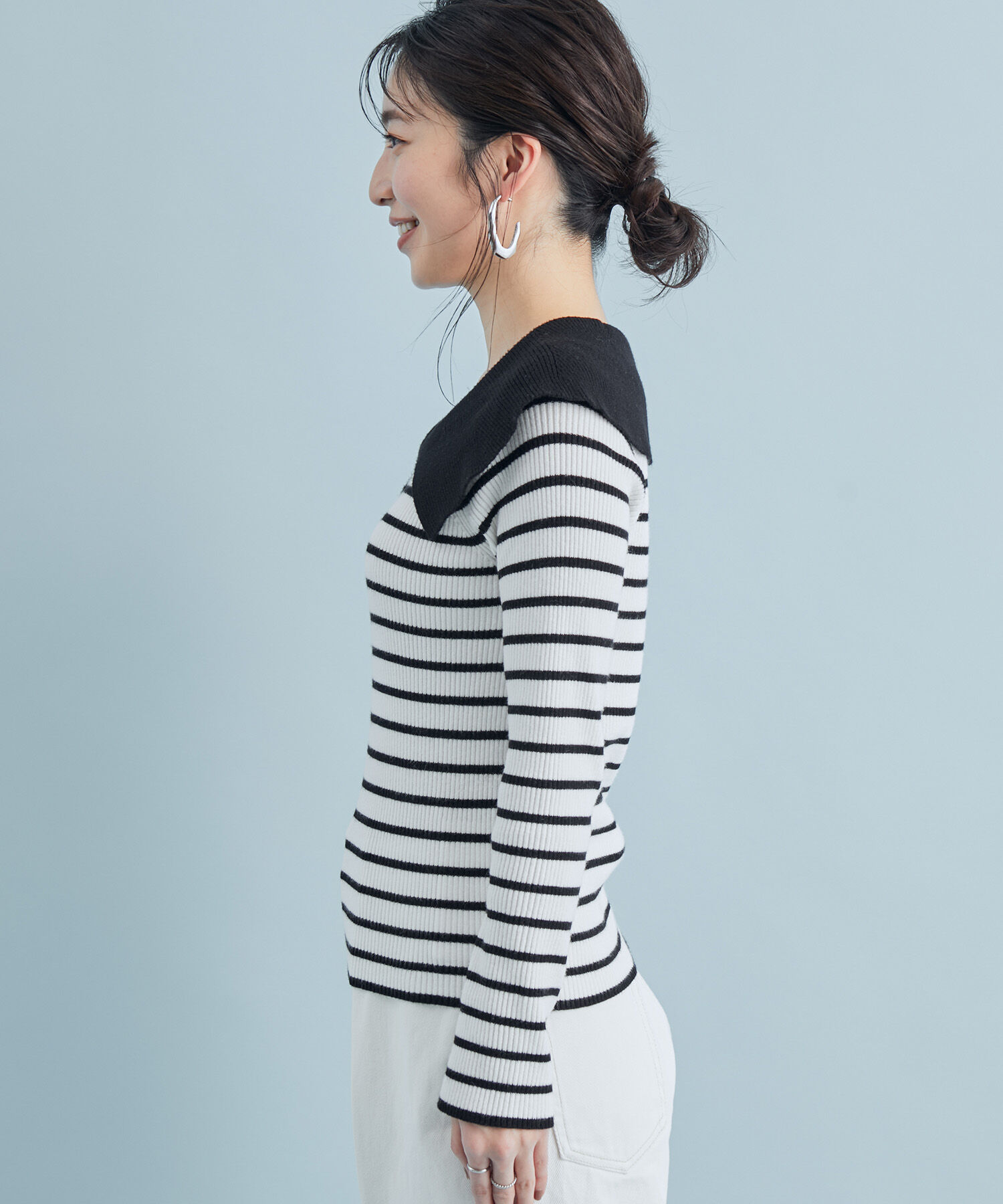 VIS「ボーダー＆無地ビッグカラーニット」|ニット・セーター|