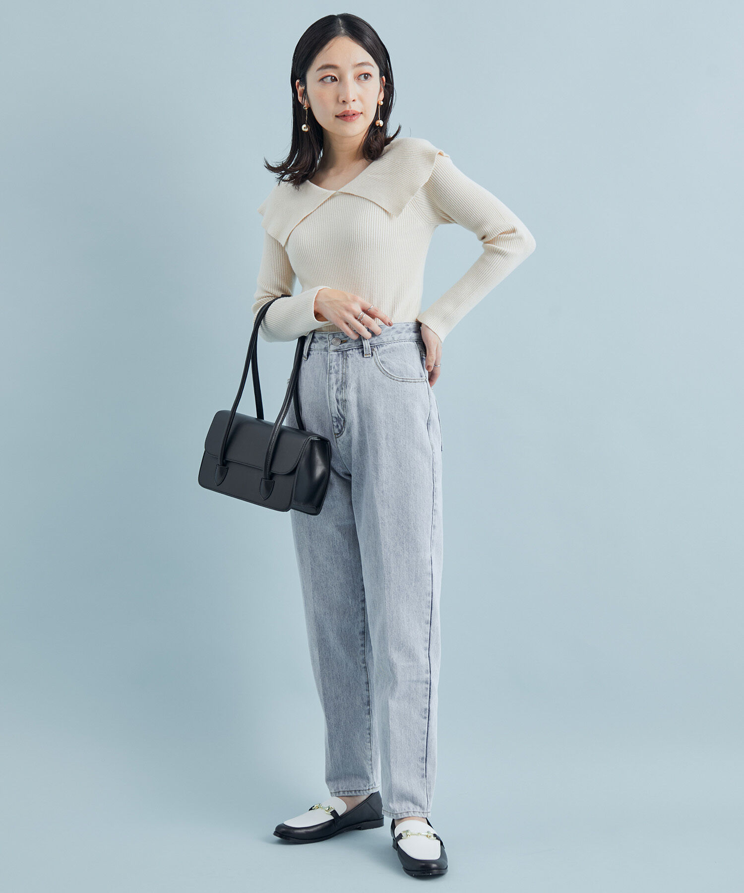 VIS「ボーダー＆無地ビッグカラーニット」|ニット・セーター|