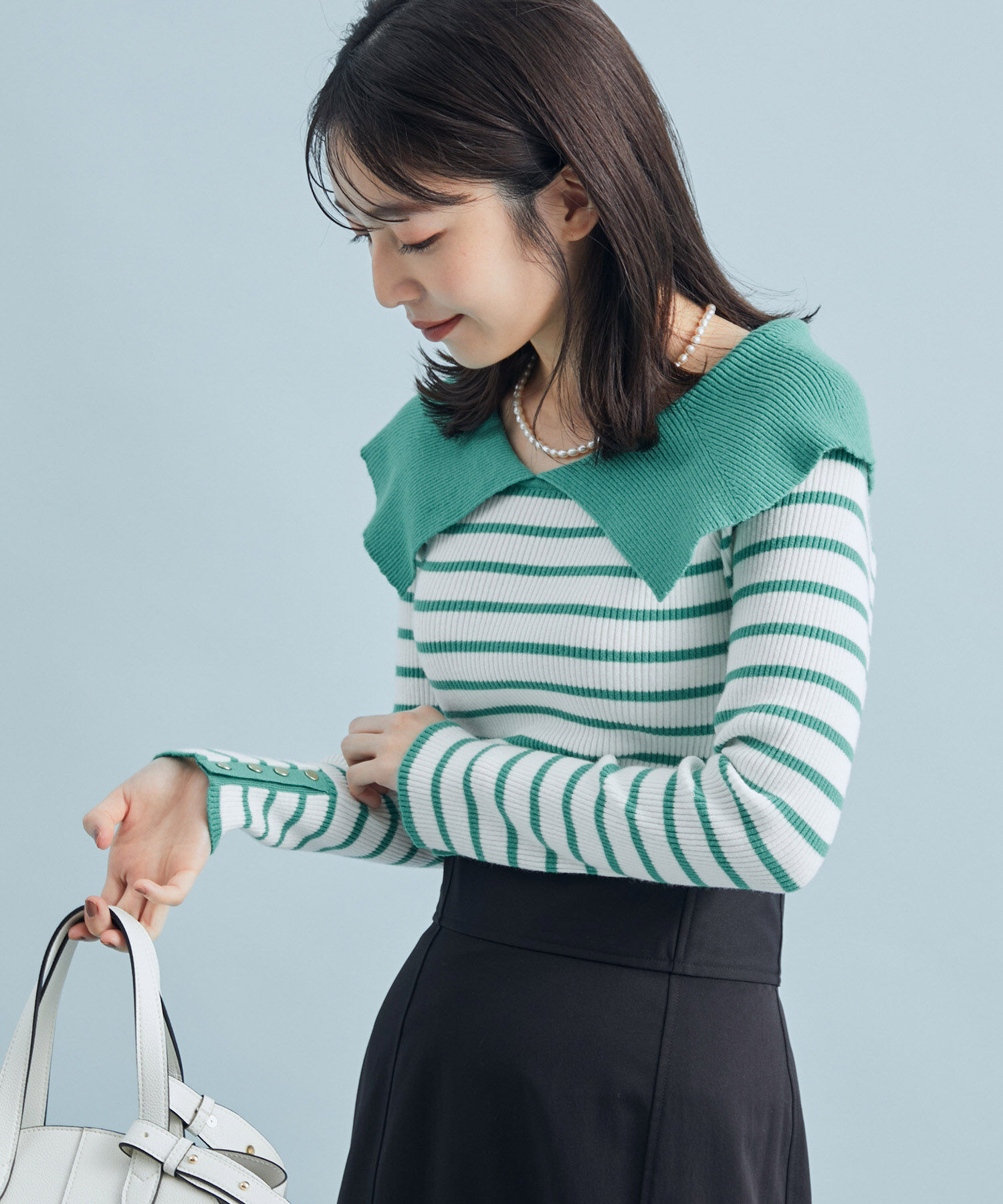 VIS「ボーダー＆無地ビッグカラーニット」|ニット・セーター|キミドリ(34)