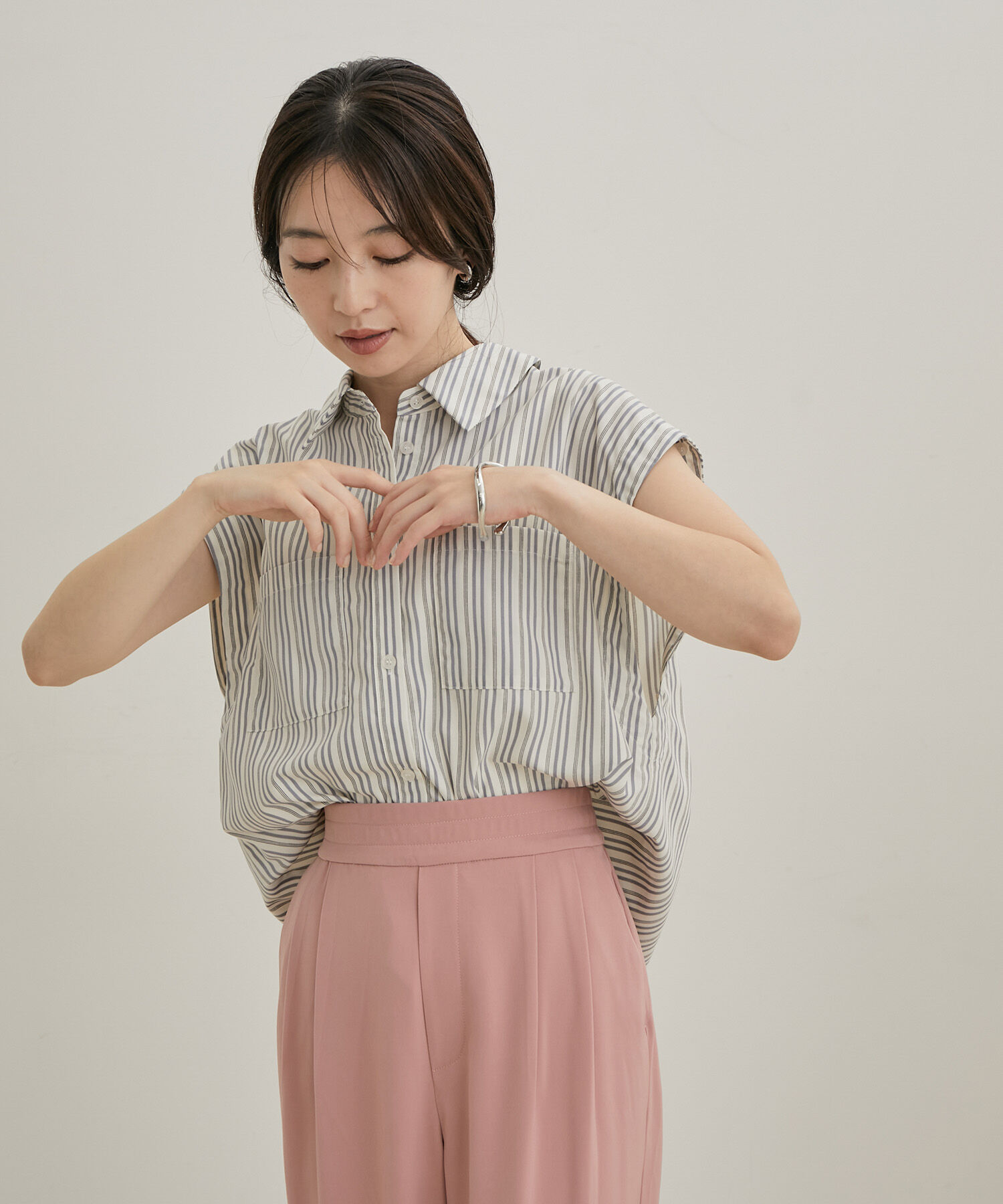 VIS「【洗える】無地＆ストライプ袖取り外しダブルポケットシャツ」|シャツ・ブラウス|