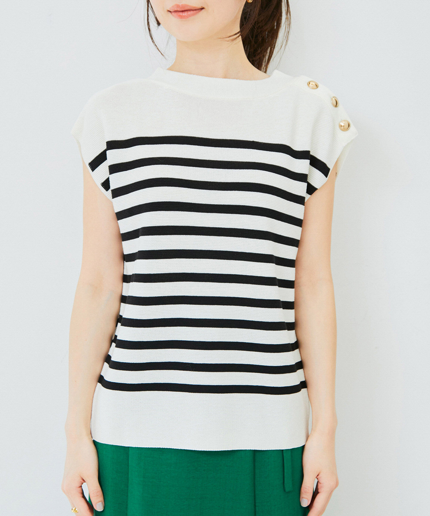 VIS「ゴールド釦アクセントフレンチスリーブニット」|ニット・セーター|