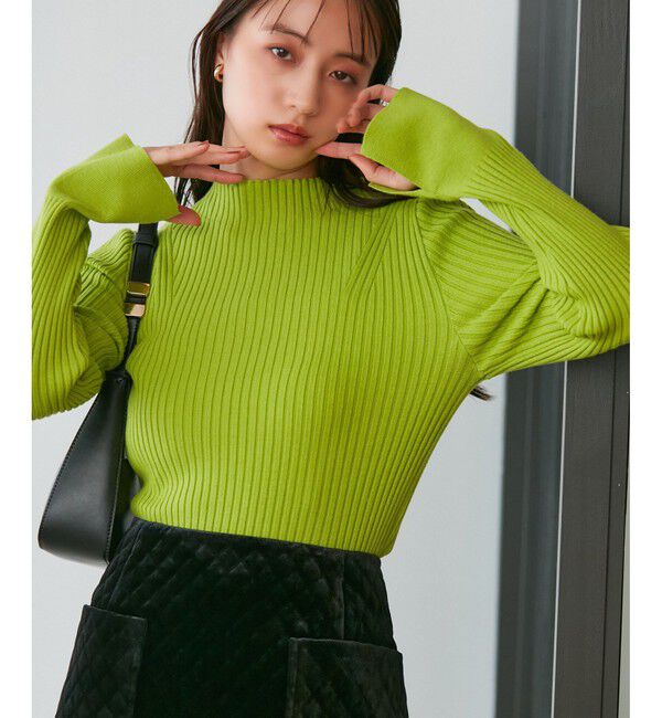 VIS「【洗える】モックネック袖スリットリブニット」|ニット・セーター|ライトグリーン