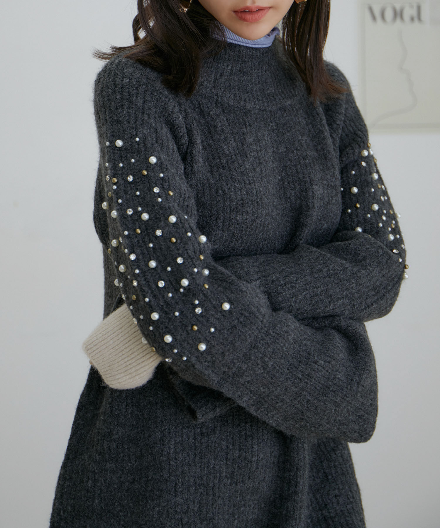 VIS「パール＆ビーズアクセントスリーブミニ丈ニットワンピース」|ワンピース|チャコール(06)