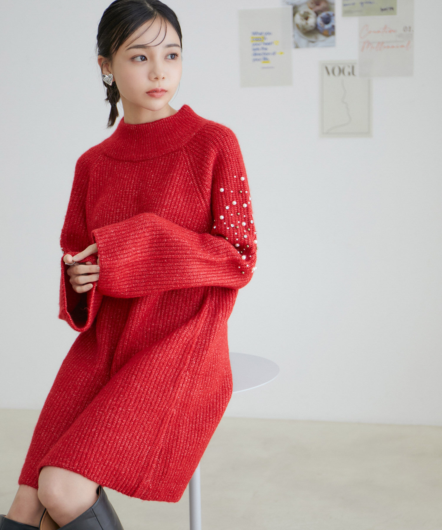 VIS「パール＆ビーズアクセントスリーブミニ丈ニットワンピース」|ワンピース|