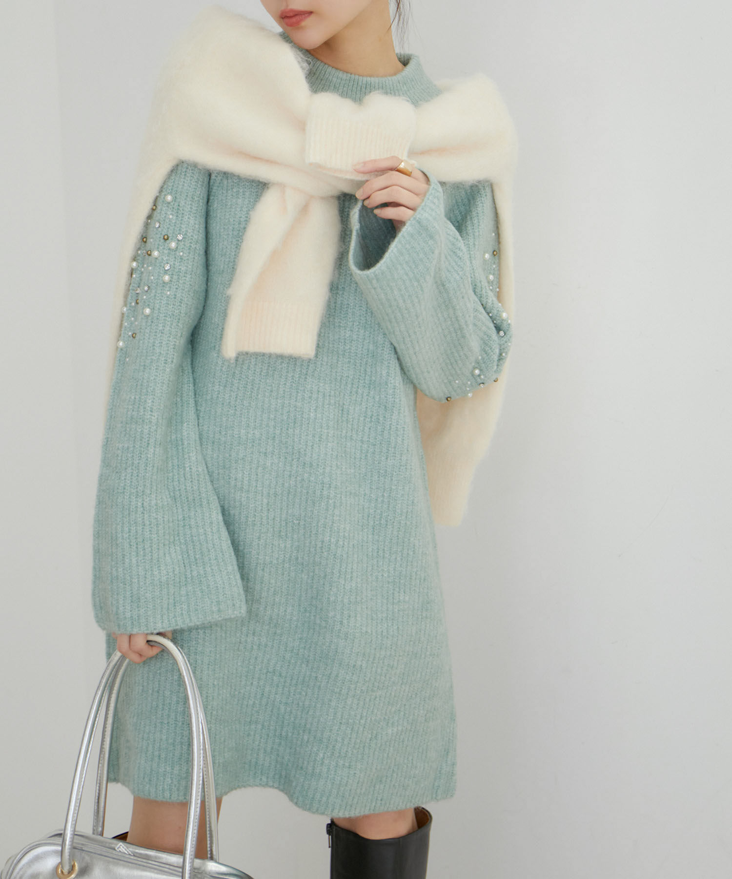 VIS「パール＆ビーズアクセントスリーブミニ丈ニットワンピース」|ワンピース|ライトグリーン(33)