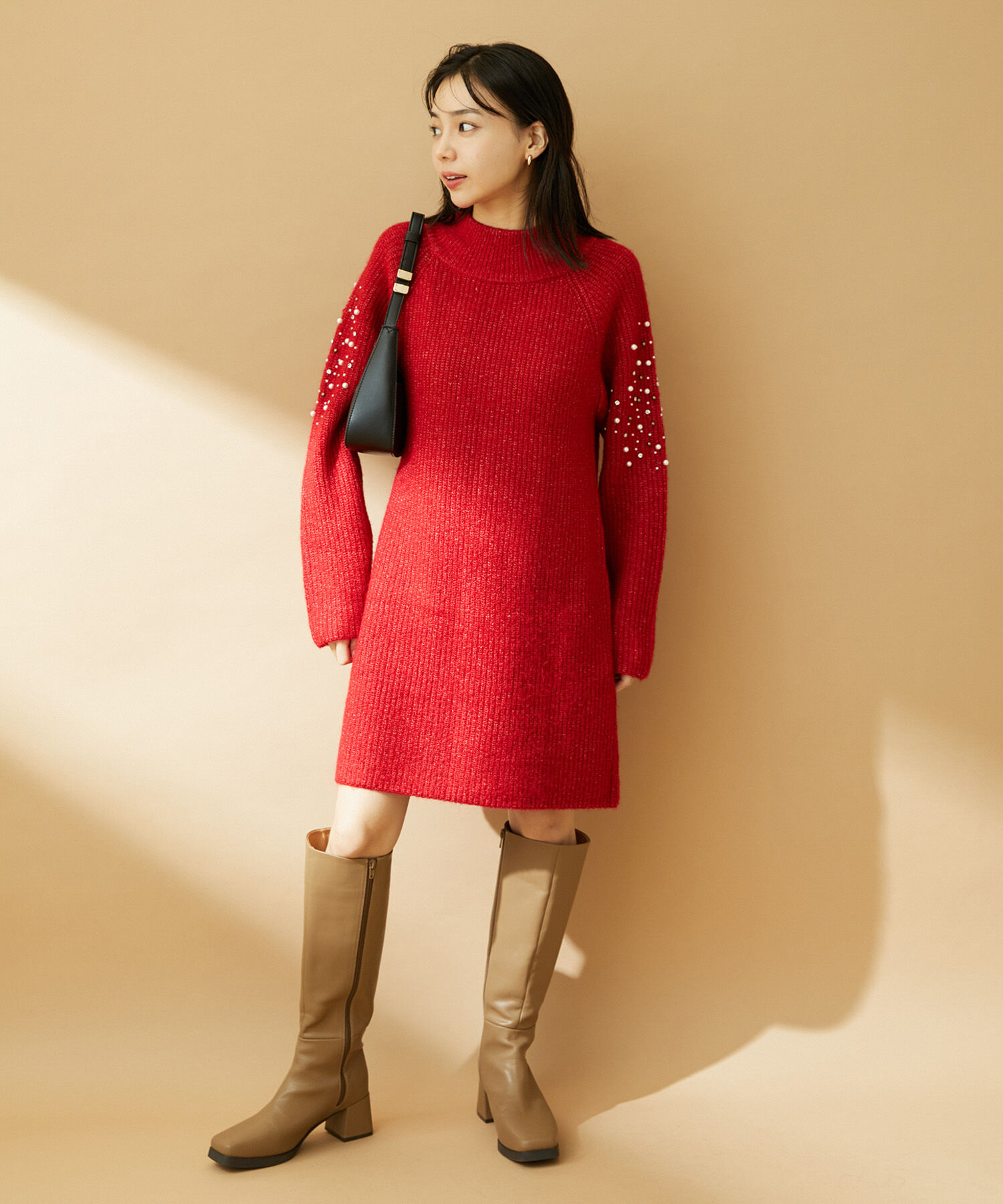 VIS「パール＆ビーズアクセントスリーブミニ丈ニットワンピース」|ワンピース|