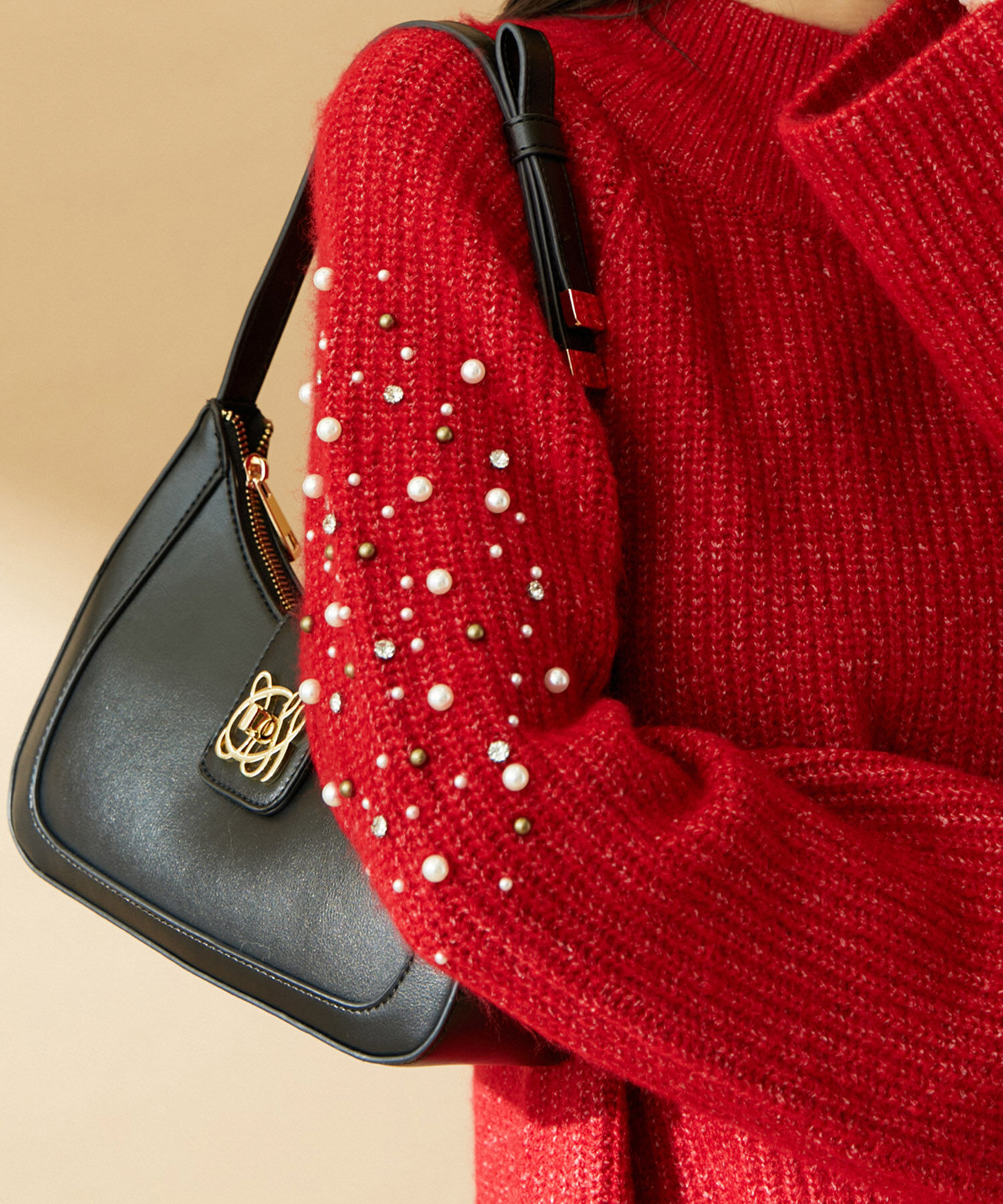 VIS「パール＆ビーズアクセントスリーブミニ丈ニットワンピース」|ワンピース|