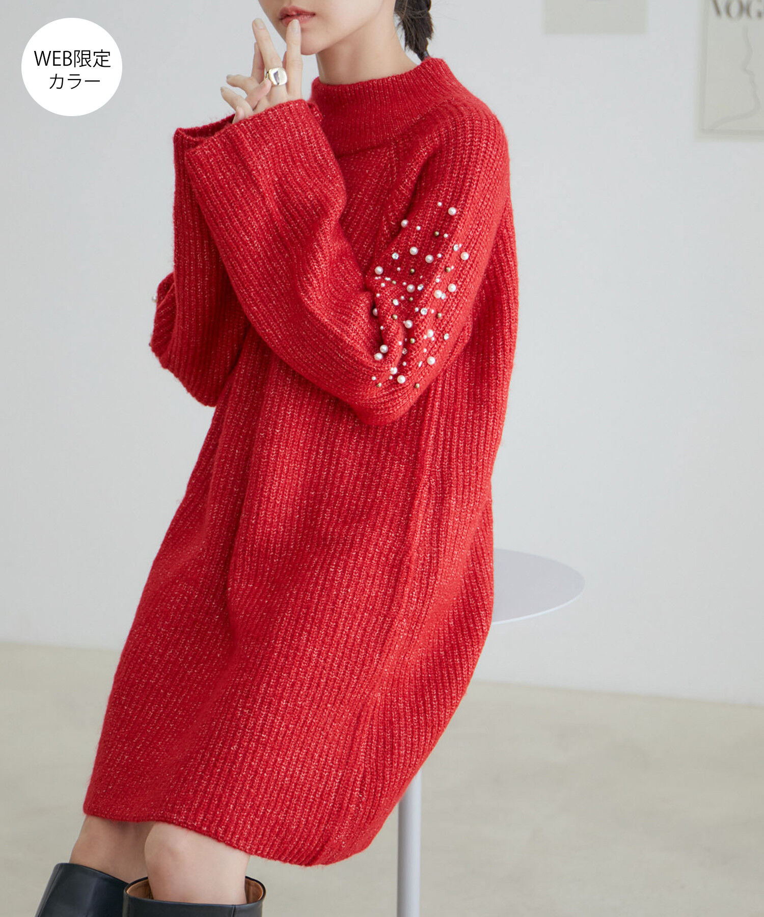 VIS「パール＆ビーズアクセントスリーブミニ丈ニットワンピース」|ワンピース|レッド(60)