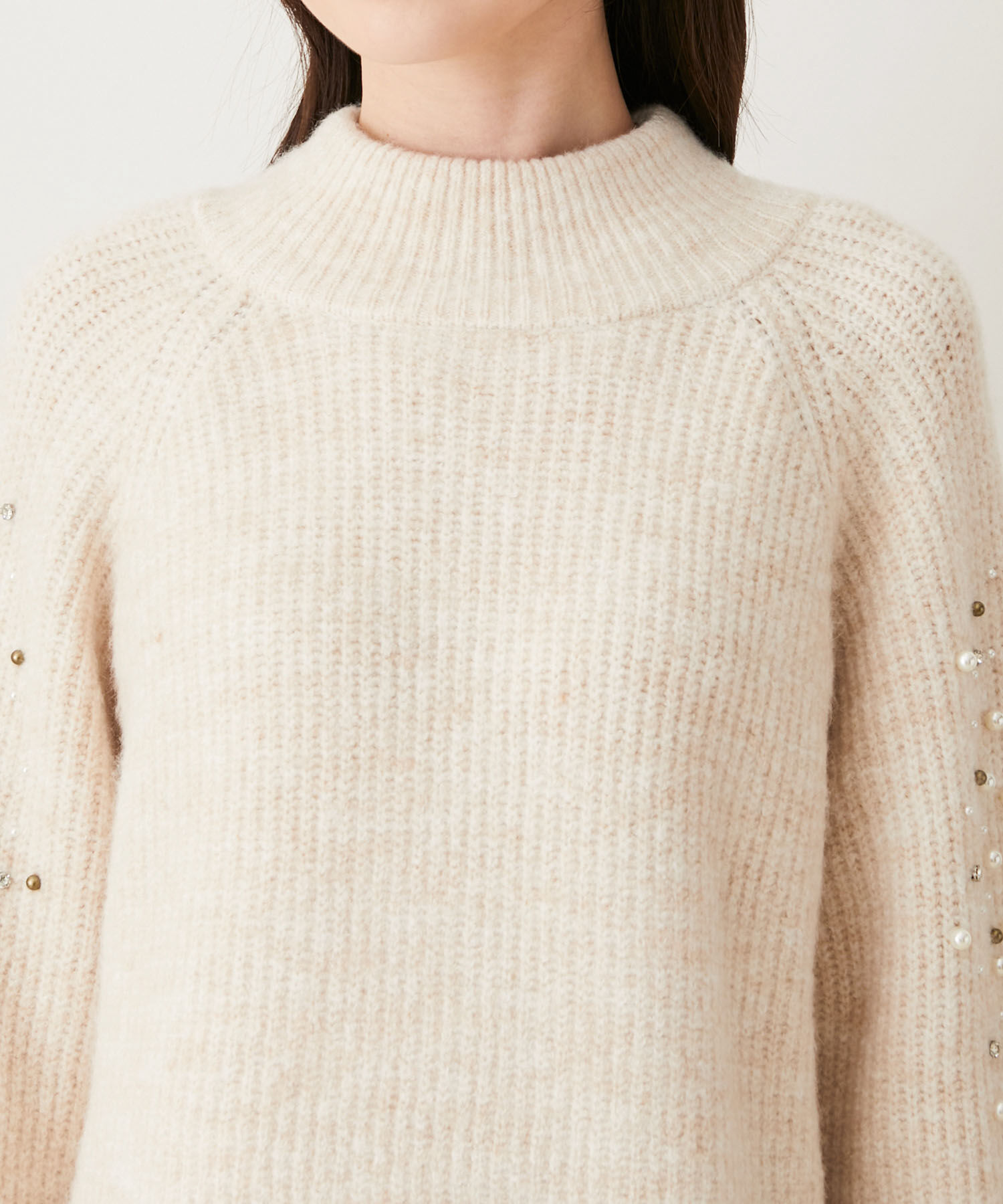 VIS「パール＆ビーズアクセントスリーブミニ丈ニットワンピース」|ワンピース|