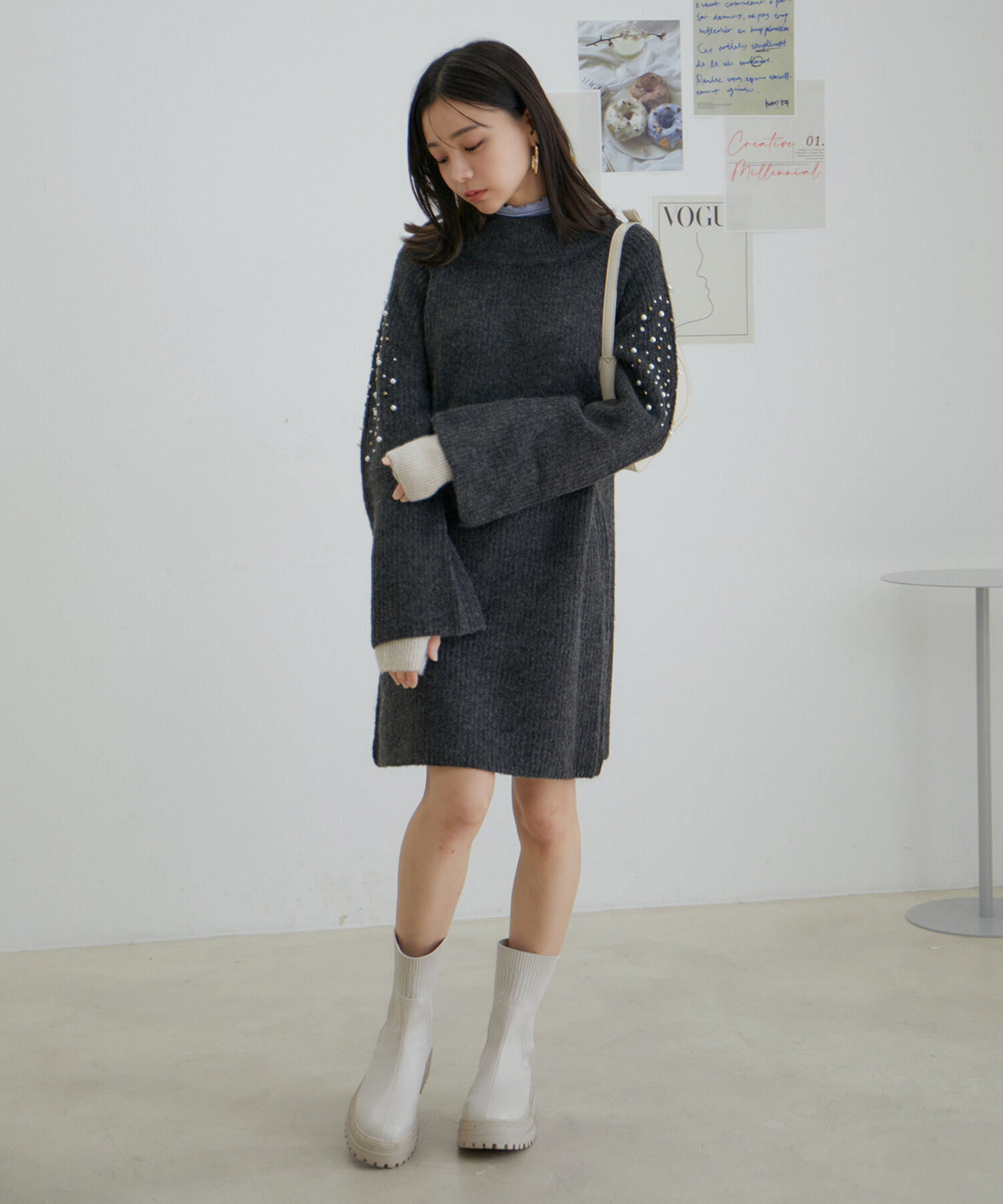 VIS「パール＆ビーズアクセントスリーブミニ丈ニットワンピース」|ワンピース|