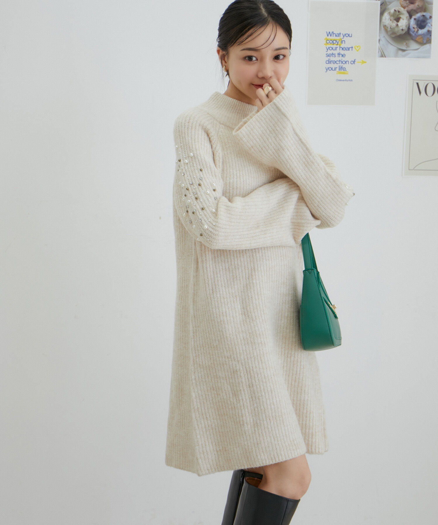 VIS「パール＆ビーズアクセントスリーブミニ丈ニットワンピース」|ワンピース|