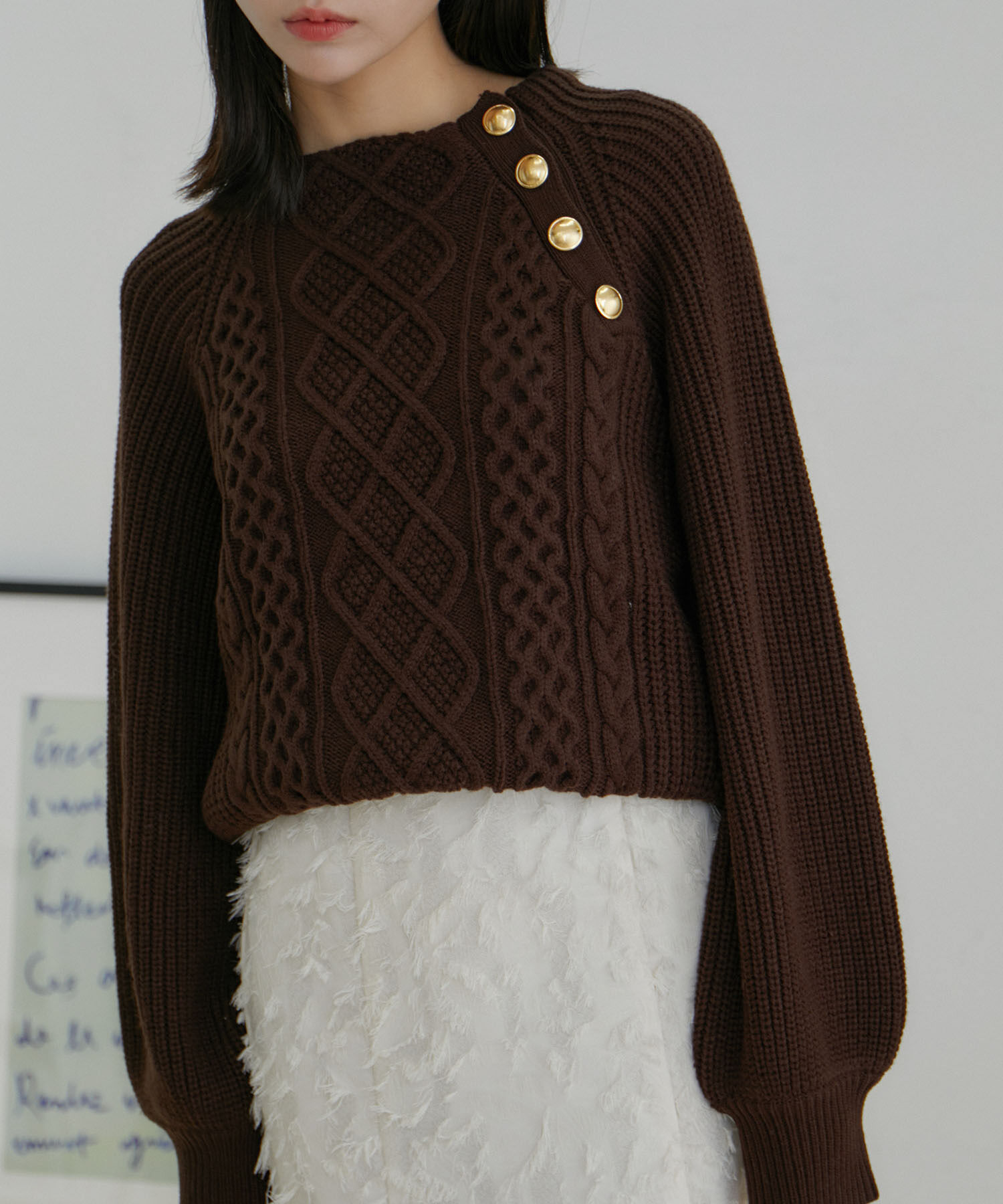 VIS「【洗える】メタル釦ケーブルニット【WEB・アウトレット限定】」|ニット・セーター|ダークブラウン(20)