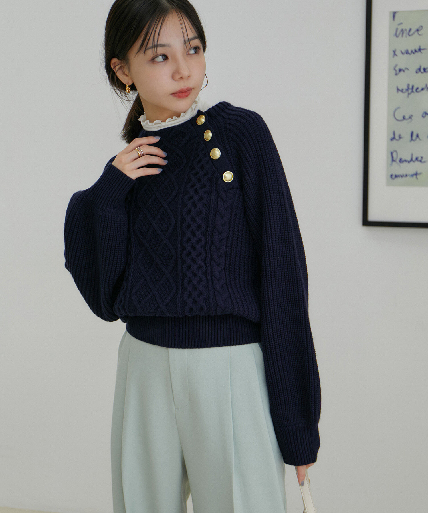 VIS「【洗える】メタル釦ケーブルニット【WEB・アウトレット限定】」|ニット・セーター|