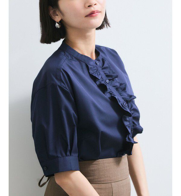 VIS「【WEB限定】フロントフリルディテール半袖ブラウス」|シャツ・ブラウス|ネイビー(40)