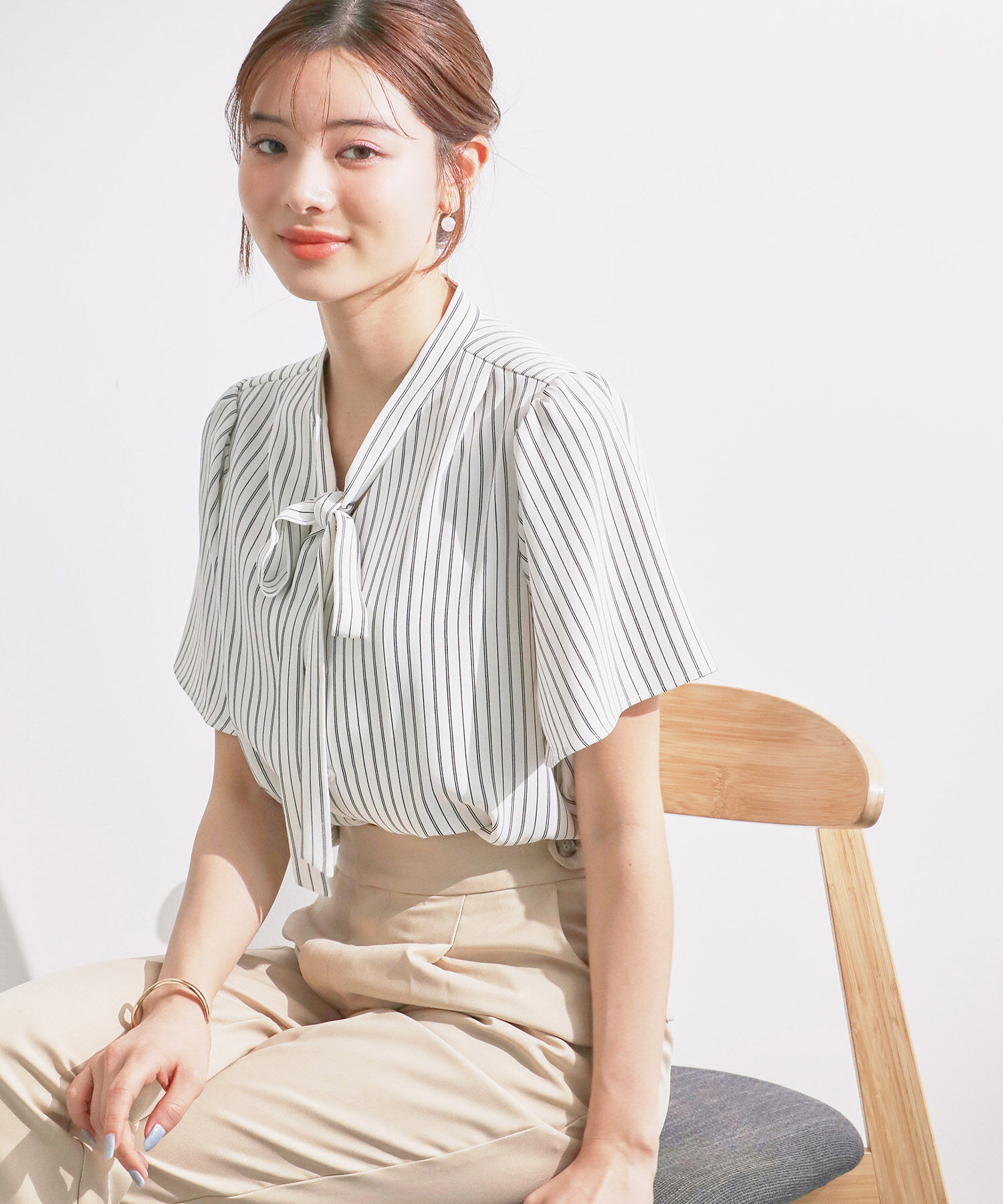 Rope&rsquo;Picnic「【ご好評につき追加生産&新色追加】サラサラリボンハーフスリーブブラウス」|シャツ・ブラウス|