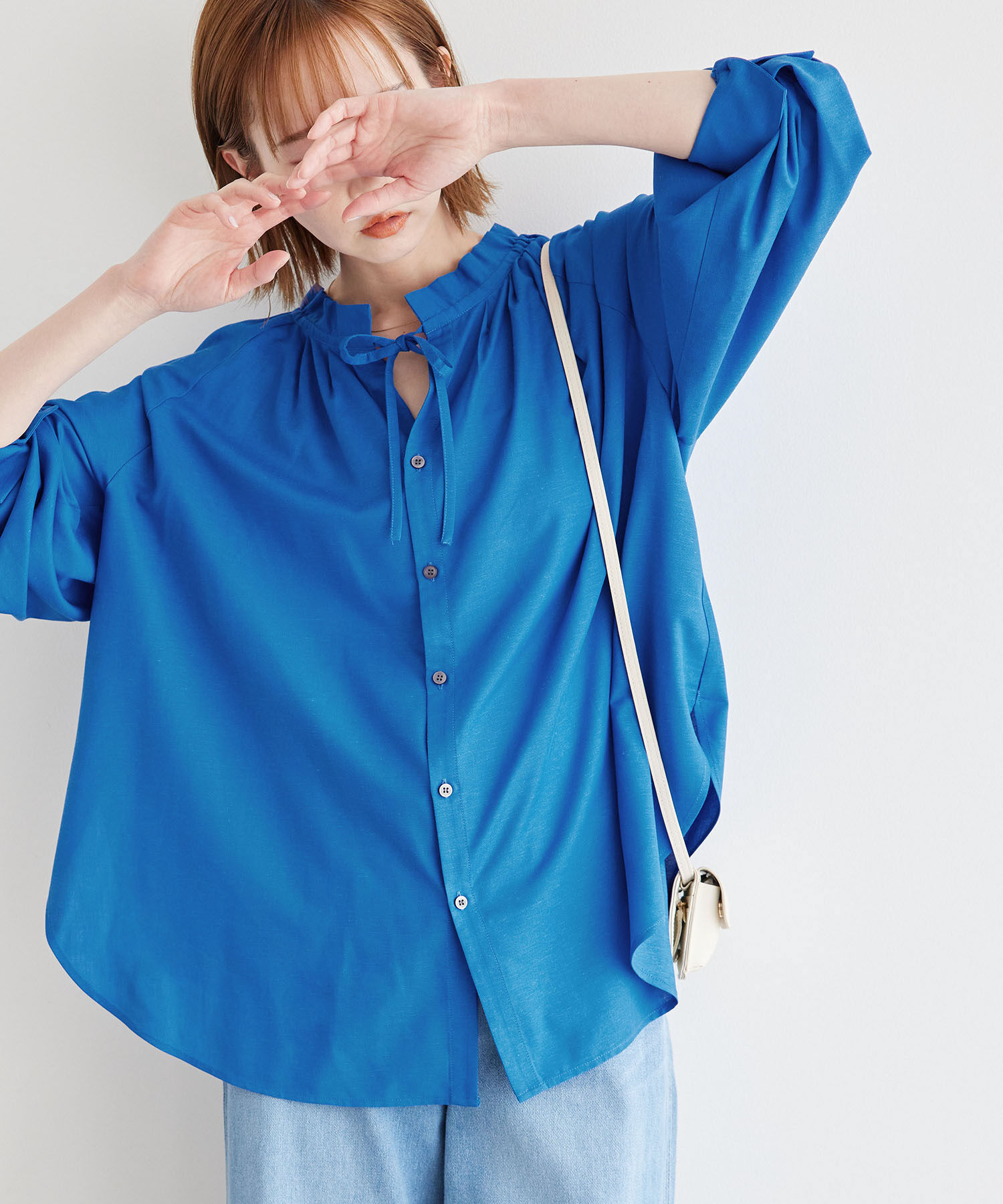 Rope&rsquo;Picnic「麻混スタンドフリルシャツ」|シャツ・ブラウス|ブルー(44)