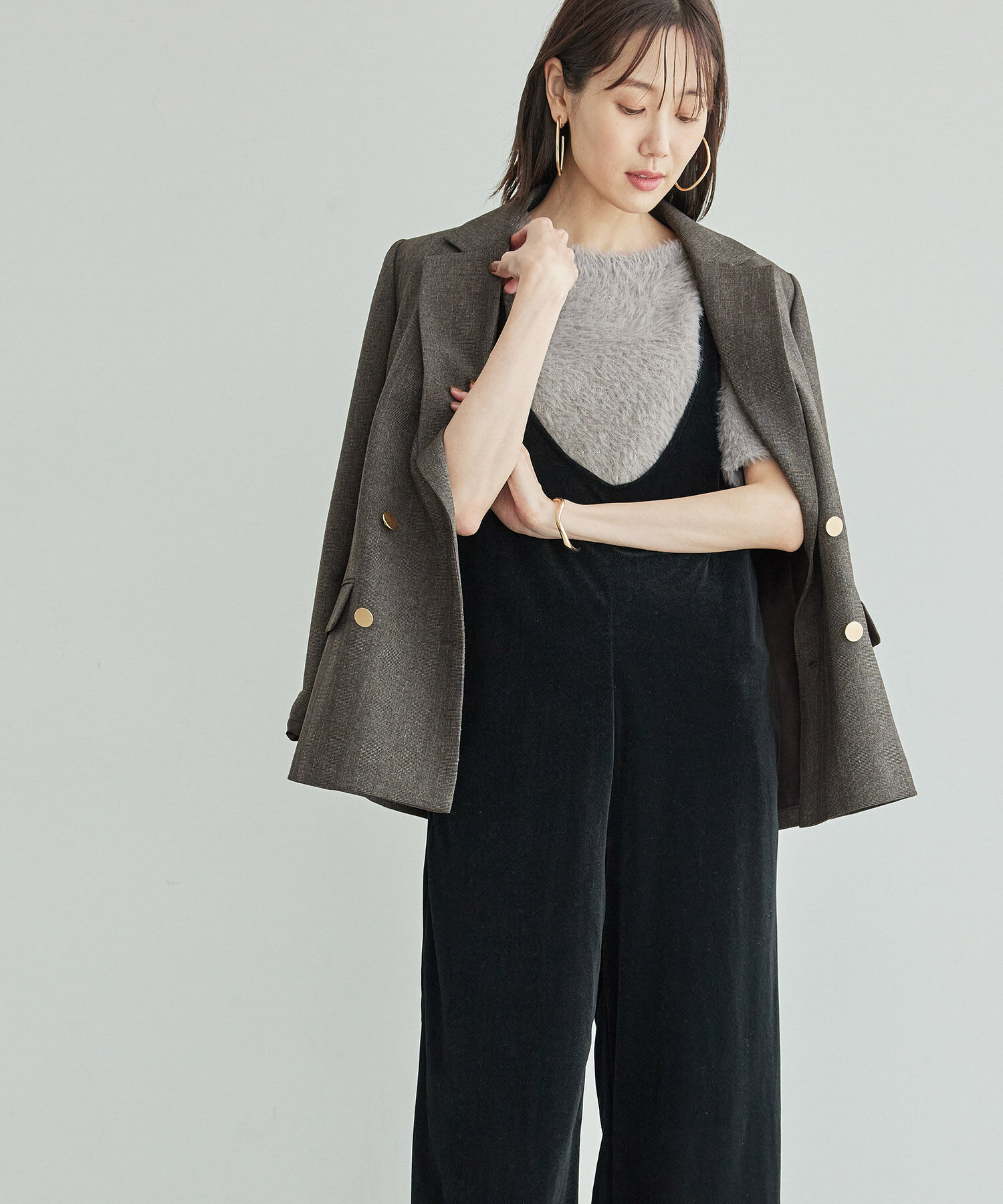 Rope&rsquo;Picnic「ウールライクサージ金ボタンジャケット(肩パットあり・半裏地)/セットアップ対応・リンクコーデ」|テーラードジャケット|