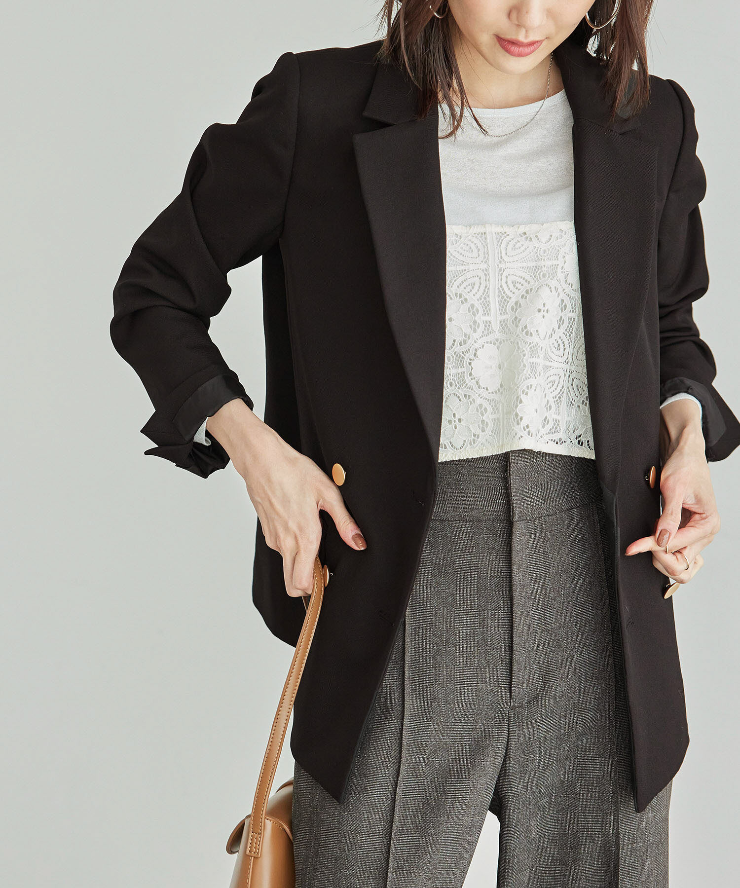 Rope&rsquo;Picnic「ウールライクサージ金ボタンジャケット(肩パットあり・半裏地)/セットアップ対応・リンクコーデ」|テーラードジャケット|