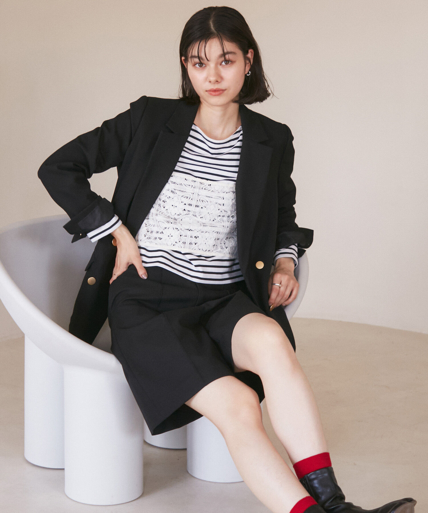 Rope&rsquo;Picnic「ウールライクサージ金ボタンジャケット(肩パットあり・半裏地)/セットアップ対応・リンクコーデ」|テーラードジャケット|