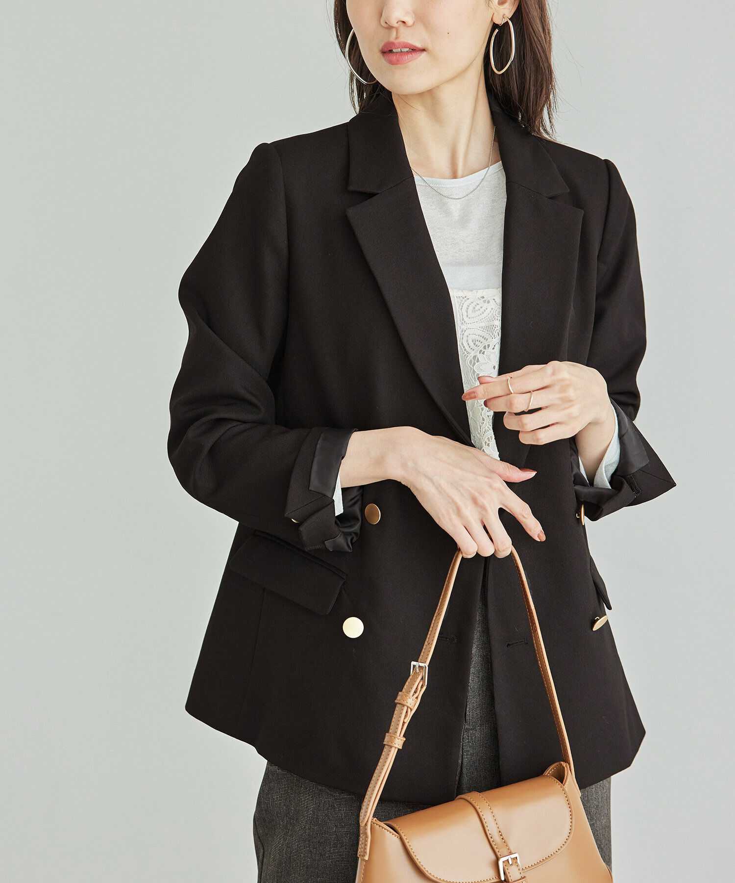 Rope&rsquo;Picnic「ウールライクサージ金ボタンジャケット(肩パットあり・半裏地)/セットアップ対応・リンクコーデ」|テーラードジャケット|