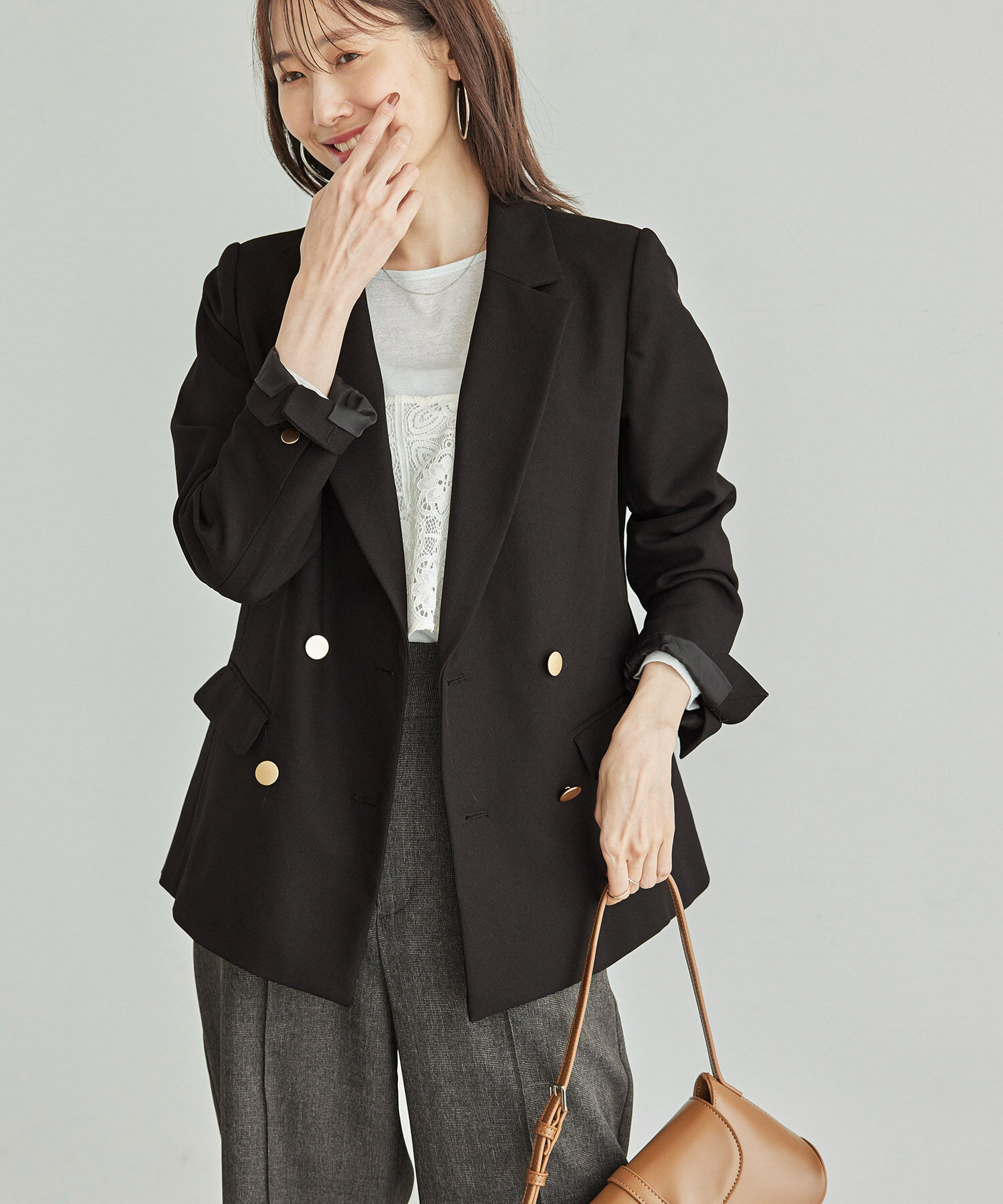 Rope&rsquo;Picnic「ウールライクサージ金ボタンジャケット(肩パットあり・半裏地)/セットアップ対応・リンクコーデ」|テーラードジャケット|