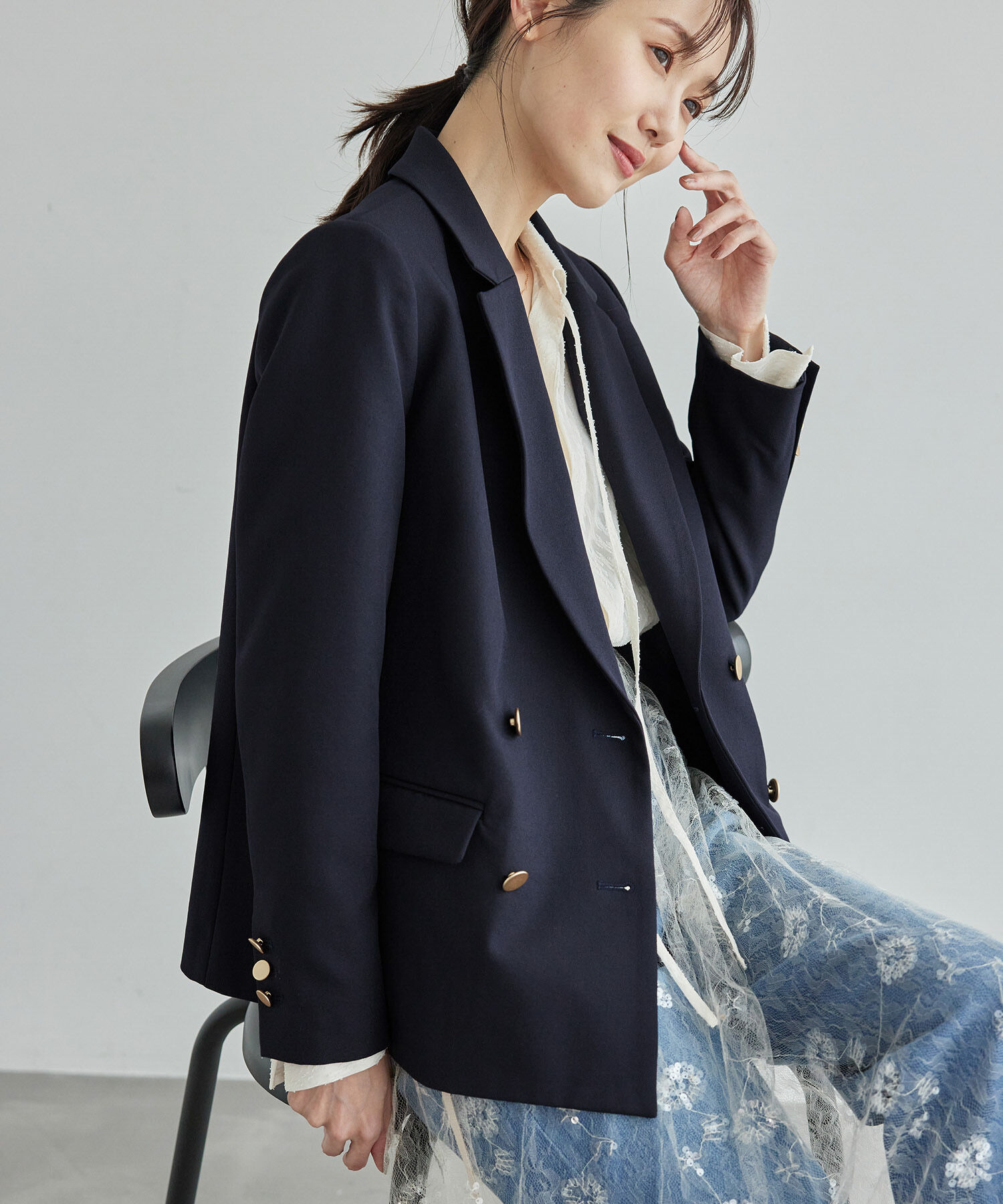 Rope&rsquo;Picnic「ウールライクサージ金ボタンジャケット(肩パットあり・半裏地)/セットアップ対応・リンクコーデ」|テーラードジャケット|