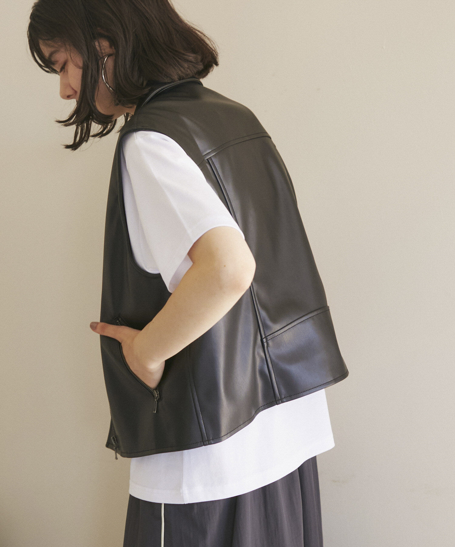 ROPE' PICNIC R「シンセティックレザーノースリーブジャケット」|ライダースジャケット|