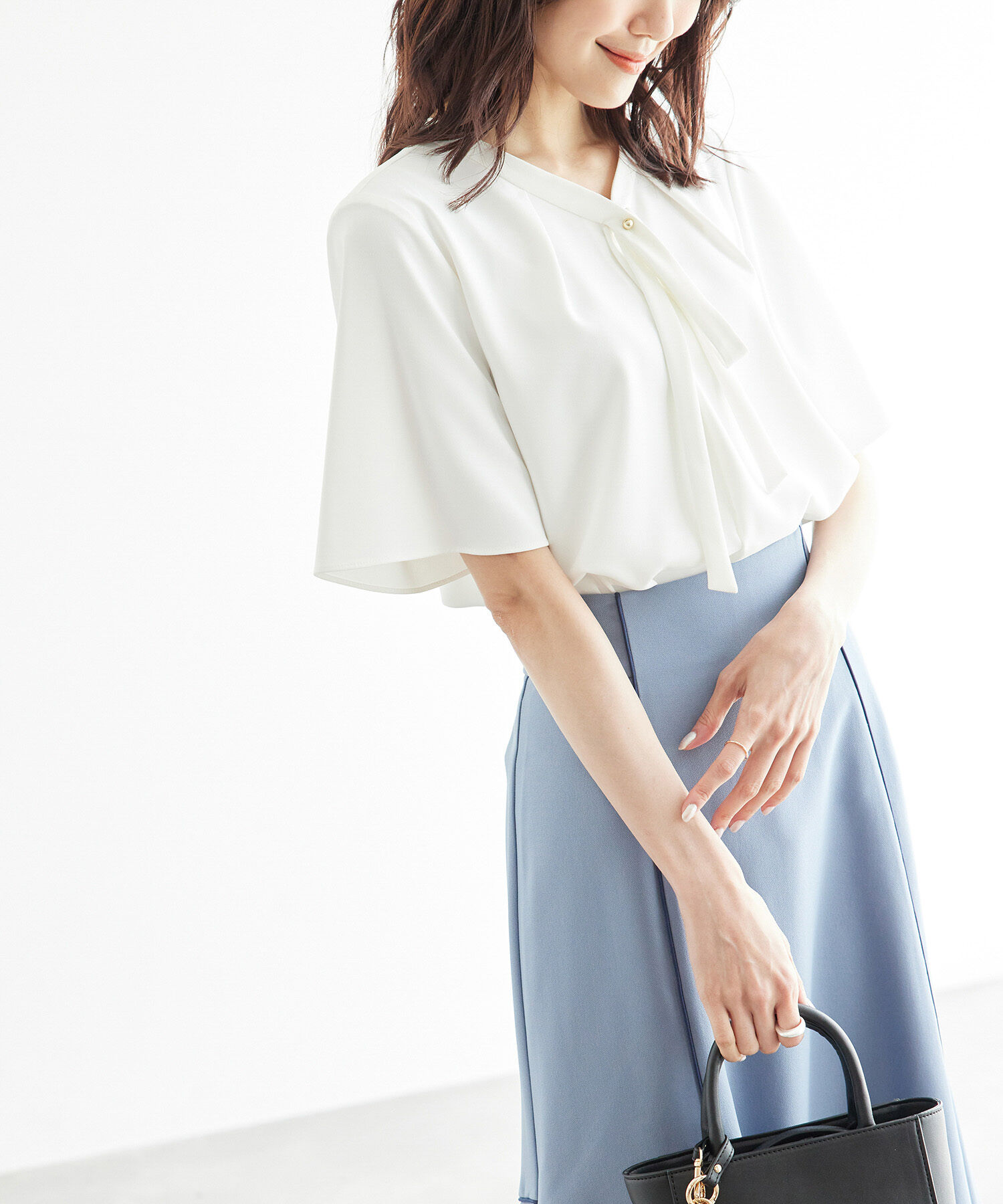 Rope&rsquo;Picnic「2サイズ展開/メタルボタンリボンタイハーフスリーブブラウス」|シャツ・ブラウス|