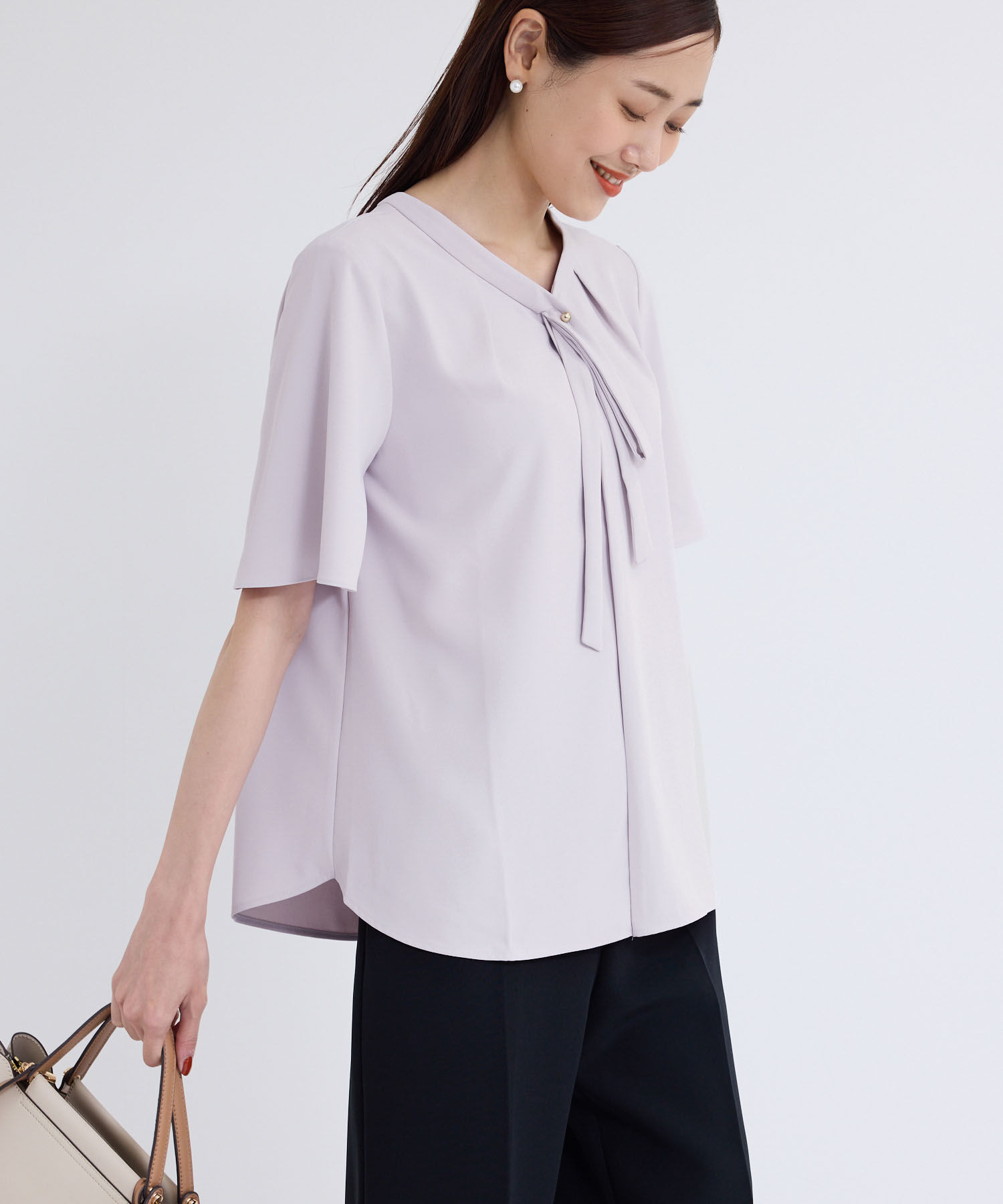 Rope&rsquo;Picnic「2サイズ展開/メタルボタンリボンタイハーフスリーブブラウス」|シャツ・ブラウス|