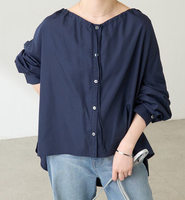  「襟ギャザーシャツ」|シャツ・ブラウス|ネイビー