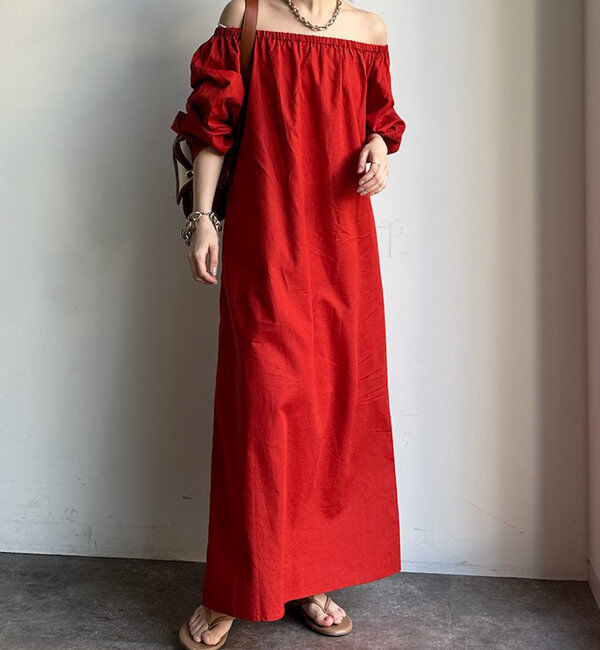  「コットンリネンオフショルワンピース」|ワンピース|レッド