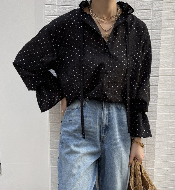  「シアードットスタンドフリルブラウス」|シャツ・ブラウス|ブラック