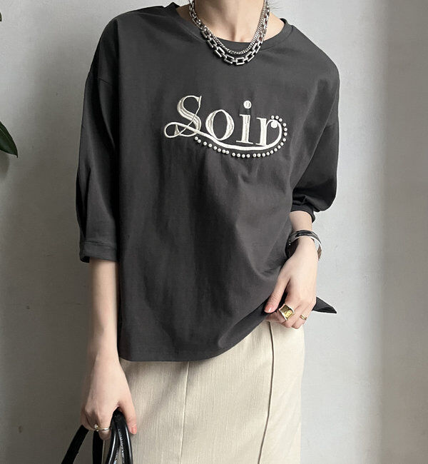  「【WEB限定】パールロゴ刺繍タックスリーブプルオーバー」|Tシャツ・カットソー|チャコールグレー