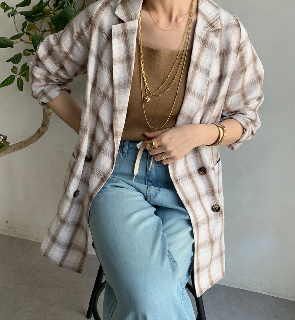  「リネン混チェックダブルジャケット」|テーラードジャケット|オフホワイト